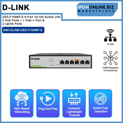 D-Link DES-F1006P-E 250M 6-Port 10/100 Switch with 3 PoE Ports + 1 PoE++ Port & 2 Uplink Ports D-Link DES-F1006P-E 250M 6-Port 10/100 Switch with 3 PoE Ports + 1 PoE++ Port & 2 Uplink Ports